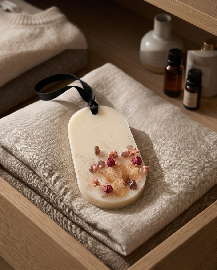 Suspension parfumée en cire de colza – fleurs séchées & pierres naturelles