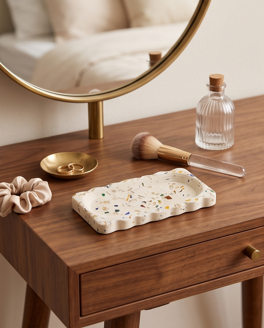 Petit plateau à bijoux artisanal en terrazzo – plusieurs finitions