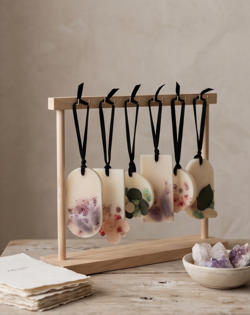 Suspension parfumée en cire de colza – fleurs séchées & pierres naturelles